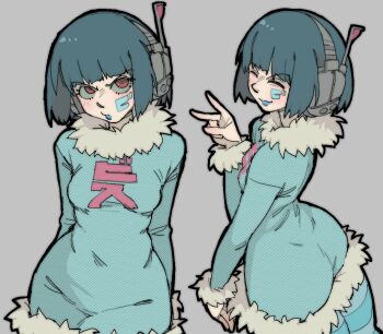 1girl bis_(jsr) blue_dress blue_pantyhose blunt_bangs breasts closed_eyes cowboy_shot cyber_fashion dress facial_mark fur-trimmed_dress fur-trimmed_sleeves fur_trim green_hair grey_background headphones headset jet_set_radio long_sleeves looking_at_viewer multiple_views pantsu-ripper pantyhose red_eyes short_dress short_hair simple_background small_breasts smile streetwear striped_clothes striped_pantyhose sweater sweater_dress v