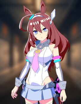 Rule 34 | 1girl, animal ears, blurry, blurry background, highleg, highleg leotard, horse ears, horse girl, horse tail, leotard, lowleg, lowleg skirt, maroon hair, mihono bourbon (umamusume), skirt, sleeveless, solo, standing, tail, umamusume