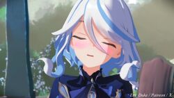 1boy 1girl 3d aether_(genshin_impact) animated assertive_female blonde_hair blue_eyes brown_eyes cum cum_in_mouth ent_duke fellatio furina_(genshin_impact) genshin_impact highres hug kiss mizzpeachy oral outdoors penis pov sound tagme uncensored video white_hair