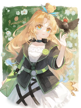 1girl absurdres arknights bag bird black_dress blonde_hair brown_eyes character_name commentary_request dress flower full_body hand_up highres long_hair looking_at_viewer parted_bangs parted_lips pinecone pinecone_(arknights) ponytail short_sleeves shoulder_bag smile solo very_long_hair white_dress white_flower yuuneka