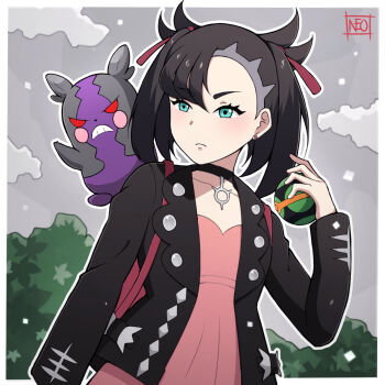 1girl asymmetrical_bangs backpack bag black_choker black_hair black_jacket border choker dress dusk_ball earrings gen_8_pokemon highres holding holding_poke_ball jacket jewelry marnie_(pokemon) morpeko morpeko_(hangry) neotwenty nintendo on_shoulder pink_dress poke_ball pokemon pokemon_(creature) pokemon_on_shoulder pokemon_swsh stud_earrings twintails undercut upper_body white_border