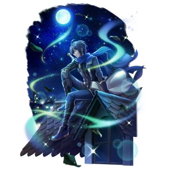 Rule 34 | 1boy, :|, amaki ren, arm on knee, arm support, armor, artist request, aura, black armor, black coat, black gloves, black hair, black tunic, blue boots, blue eyes, blue pants, blue scarf, boots, breastplate, cityscape, closed mouth, coat, elbow gloves, expressionless, falling leaves, full body, game cg, gloves, greaves, hair between eyes, house, knee up, leaf, legendary sword (small sword) (tate no yuusha no nariagari), legendary sword (tate no yuusha no nariagari), looking ahead, male focus, medium hair, multicolored coat, night, night sky, official art, on roof, open clothes, open coat, pants, pauldrons, scarf, shoulder armor, sidelocks, simple background, single pauldron, sitting, sky, solo, sparkle, spiked pauldrons, spikes, standing, star (sky), starry sky, straight-on, sword, tate no yuusha no nariagari, tate no yuusha no nariagari rerise, tile roof, transparent background, tunic, two-tone coat, v-shaped eyebrows, weapon, white coat