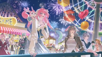 35684187031 4boys 6+girls absurdres aerial_fireworks aglaea_(honkai:_star_rail) amusement_park anaxa_(honkai:_star_rail) aqua_hair arm_tattoo as_i&#039;ve_written_(honkai:_star_rail) black_skirt blue_cardigan blue_dress book cardigan castorice_(honkai:_star_rail) cerydra_(honkai:_star_rail) chrysos_heirs_(honkai:_star_rail) cipher_(honkai:_star_rail) commentary cyrene_(honkai:_star_rail) cyrene_(ripples_of_past_reverie)_(honkai:_star_rail) dan_heng_(honkai:_star_rail) dan_heng_(permansor_terrae)_(honkai:_star_rail) dragon_boy dragon_horns dress eastern_dragon_horns english_commentary ferris_wheel fireworks grey_hair highres holding holding_book holding_stuffed_toy honkai:_star_rail honkai_(series) horns hyacine_(honkai:_star_rail) hysilens_(honkai:_star_rail) jacket long_hair march_7th_(honkai:_star_rail) mem_(honkai:_star_rail) multicolored_hair multiple_boys multiple_girls muscular muscular_male mydei_(honkai:_star_rail) night night_sky phainon_(honkai:_star_rail) photoshop_(medium) pink_hair purple_eyes purple_hair red_tattoo roller_coaster second-party_source shirt skirt sky stuffed_animal stuffed_toy tattoo trianne_(honkai:_star_rail) tribbie_(honkai:_star_rail) trinnon_(honkai:_star_rail) very_long_hair white_hair white_jacket white_shirt yellow_eyes