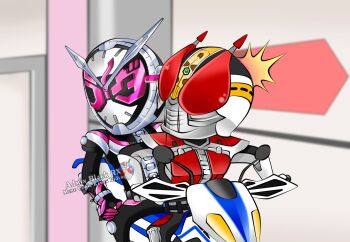 2boys armor black_armor clock helmet highres kamen_rider kamen_rider_den-o kamen_rider_den-o_(series) kamen_rider_zi-o kamen_rider_zi-o_(series) looking_back male_focus mask masked masked_male motor_vehicle motorcycle multiple_boys piloting pink_armor red_armor riding_motorcycle shockwave signature train_interior watch watermark window