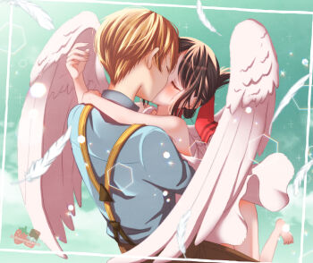 1boy 1girl angel angel_wings bare_legs bare_shoulders barefoot blonde_hair blush brown_pants chocotomamenoki green_background grey_shirt hair_ribbon hetero hug kaguya-sama_wa_kokurasetai_~tensai-tachi_no_renai_zunousen~ kiss official_alternate_costume pants red_ribbon ribbon shinomiya_kaguya shirogane_miyuki shirt short_hair smile sparkle suspenders wings