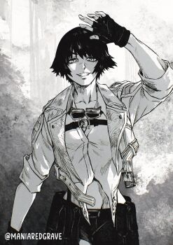 1girl artist_name black_gloves black_hair black_shorts commentary devil_may_cry_(series) devil_may_cry_5 fingerless_gloves gloves goggles goggles_around_neck greyscale grin highres jacket juliewithaxe lady_(devil_may_cry) looking_at_viewer monochrome scar scar_on_face scar_on_nose short_hair shorts smile solo twitter_username