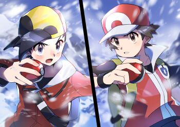 2boys absurdres backwards_hat baseball_cap blush brown_eyes brown_hair commentary_request ethan_(pokemon) hat highres holding holding_poke_ball jacket male_focus mountain multiple_boys nintendo open_mouth poke_ball poke_ball_(basic) pokemon pokemon_hgss pon_yui red_(pokemon) short_sleeves snowing split_screen teeth tongue vs_seeker wristband
