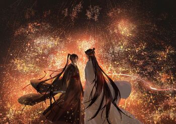 Rule 34 | 2boys, aerial fireworks, arms at sides, black eyes, black hair, black hanfu, chinese clothes, chinese commentary, commentary request, couple, facing away, fireworks, floating hair, from behind, hair ribbon, hanfu, headband, high ponytail, highres, lan wangji, light particles, liuche79871650, long hair, long sleeves, looking at another, male focus, modao zushi, multiple boys, night, outdoors, ponytail, profile, red ribbon, red sash, ribbon, robe, sash, sidelocks, sky, sleeves past fingers, sleeves past wrists, smile, standing, topknot, very long hair, wei wuxian, white hanfu, white headband, wide sleeves, xiao guan (headdress), yaoi