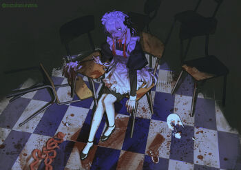 1girl absurdres apron black_dress black_flower black_shoes blood blood_on_clothes blood_on_face blood_on_hands bone chair dark_background dress duster entrails eyeball flower gloves guro hair_between_eyes hair_flower hair_ornament hairband highres holding holding_duster horror_(theme) indoors isekaijoucho jaw kamitsubaki_studio long_hair looking_at_viewer maid maid_apron maid_headdress on_chair open_mouth organs pantyhose red_ribbon revision ribbon school_chair shoes sidelocks sitting suzukasuraimu white_apron white_eyes white_gloves white_hair white_hairband white_pantyhose