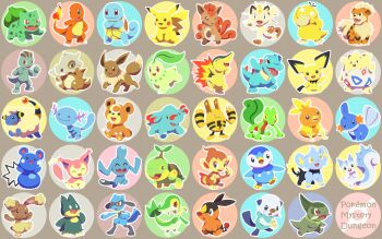 :d ^_^ axew azurill bear bird black_eyes bone brown_eyes bulbasaur buneary cat charmander chikorita chimchar closed_eyes closed_mouth commentary_request copyright_name creature cubone cyndaquil duck eevee elekid facing_viewer fangs fiery_tail fire flame-tipped_tail full_body gen_1_pokemon gen_2_pokemon gen_3_pokemon gen_4_pokemon gen_5_pokemon grey_background growlithe happy highres holding holding_bone horns looking_at_viewer machop mareep meowth mijinko_(barabadge) monkey mudkip munchlax nintendo no_humans open_mouth orange_eyes oshawott pachirisu phanpy pichu pikachu piplup pokemon pokemon_(creature) psyduck rabbit riolu sharp_teeth shinx simple_background single_horn sitting skitty skull_on_head smile snivy squirtle standing standing_on_one_leg starter_pokemon_trio tail teddiursa teeth tepig togepi torchic totodile treecko turtle turtwig vulpix walking waving wooper wynaut