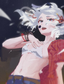 1girl 37sanshiqi absurdres bra breasts camellya_(wuthering_waves) chinese_commentary commentary_request cosplay film_grain grey_eyes hair_ribbon hand_on_own_chest headset heavy_film_grain highres kwon_eun-bi kwon_eun-bi_(cosplay) looking_at_viewer microphone navel open_clothes open_mouth open_shirt partial_commentary red_pupils red_ribbon red_shirt ribbon shirt short_hair small_breasts solo stomach underwear white_bra white_hair wuthering_waves