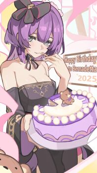 1girl 2025 alternate_costume bare_shoulders bernadetta_von_varley bernadetta_von_varley_(timeskip) birthday_cake black_dress breasts cake cleavage commentary detached_sleeves dress earrings eating fire_emblem fire_emblem:_three_houses food fork gbbgb321 grey_eyes happy_birthday highres holding holding_fork jewelry looking_at_viewer medium_breasts medium_hair nintendo purple_hair solo strapless strapless_dress stuffed_animal stuffed_toy symbol-only_commentary teddy_bear