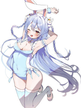 1girl animal_ears armpits arms_up blue_hair braid breasts commentary_request covered_navel hair_ornament high_heels highres hololive jumping leotard long_hair looking_at_viewer mi_kamii2 navel one_eye_closed open_mouth pink_shoes rabbit_ears rabbit_hair_ornament shoes simple_background smile solo thighhighs twin_braids usada_pekora virtual_youtuber white_background
