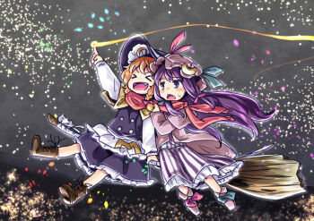 >_< 2girls blonde_hair blush bow broom broom_riding closed_eyes hat hat_bow kirisame_marisa mayuge_inu multiple_girls multiple_riders night patchouli_knowledge purple_eyes purple_hair sharing sidesaddle sky star_(symbol) sweatdrop touhou witch_hat