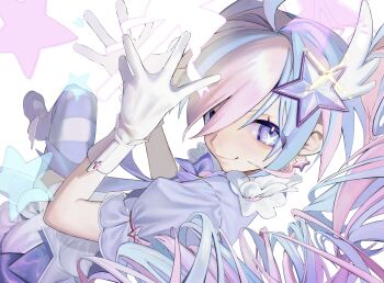 1girl absurdres ahoge blue_archive blue_hair blush commentary dress drill_hair earrings gloves hair_between_eyes hair_ornament halo highres jewelry long_hair looking_at_viewer magical_girl multicolored_hair pink_hair purple_eyes purple_thighhighs reisa_(blue_archive) reisa_(magical)_(blue_archive) short_sleeves simple_background smile solo star_(symbol) star_earrings star_hair_ornament star_in_eye striped_clothes striped_thighhighs symbol_in_eye thighhighs umashio_potechi-san white_background white_gloves
