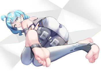 1girl absurdres ahoge blue_eyes blue_hair braid comaya commentary_request detached_sleeves dress grey_pants highres long_hair looking_at_viewer pants seed_(zenless_zone_zero) soles solo stirrup_legwear thigh_gap toeless_legwear white_dress zenless_zone_zero