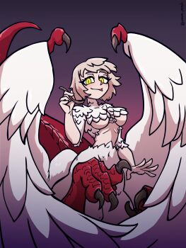 1girl absurdres blonde_hair body_fur breasts centauroid chimera claws commentary_request cowboy_shot dragon_tail dungeon_meshi falin_touden falin_touden_(chimera) feathered_wings feathers highres holding holding_spoon large_breasts looking_at_viewer monster_girl navel rearing red_scales short_hair sidelocks simple_background smile solo spoon stomach tail taur tongue tongue_out underboob wawa_punch white_feathers wings yellow_eyes