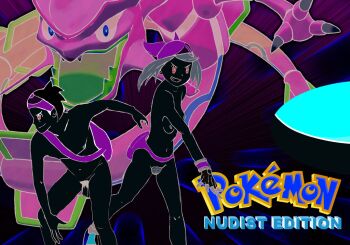 1boy 1girl bandana breasts brendan_(pokemon) fanny_pack gen_3_pokemon gradient_background green_bandana hairy legendary_pokemon may_(pokemon) may_(pokemon_emerald) nintendo nipples nude nudist penis pokemon pokemon_(creature) pokemon_emerald pokemon_rse pubic_hair rayquaza small_breasts tagme testicles