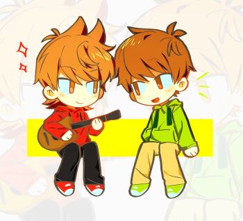 2boys :d animification antenna_hair black_pants brown_hair chibi chibi_only drawstring edd_(eddsworld) eddsworld eye_contact flipped_hair full_body green_hoodie green_shoes guitar hair_behind_ear hair_ears highres holding holding_guitar holding_instrument hood hood_down hoodie instrument long_sleeves looking_at_another male_focus multiple_boys notice_lines open_mouth pants red_hoodie red_shoes shoes short_hair sitting smile sneakers sparkle tord_(eddsworld) yellow_pants yunian77 zoom_layer