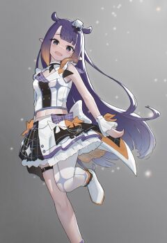 1girl absurdres black_skirt blue_eyes blunt_bangs boots bow breasts buttons commentary crinoline crop_top double-breasted english_commentary fangs frilled_cuffs gradient_hair grey_background half-skirt hat highres hololive hololive_english hololive_idol_uniform_(bright) idol idol_clothes light_particles long_hair looking_at_viewer midriff mini_hat multicolored_hair navel ninomae_ina'nis official_alternate_costume open_mouth orange_bow orange_hair overskirt pantyhose plaid_bow plaid_clothes plaid_skirt pleated_skirt pointy_ears purple_boots purple_bow purple_hair shirt simple_background single_leg_pantyhose skirt sleeveless sleeveless_shirt small_breasts solo sparkle_print standing standing_on_one_leg tentacle_hair thigh_strap virtual_youtuber waneyeye white_boots white_bow white_hat white_pantyhose white_shirt white_skirt white_wrist_cuffs wrist_cuffs