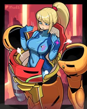 1girl absurdres artist_name blonde_hair blue_bodysuit blue_eyes blush bodysuit breasts covered_navel fanning_self highres large_breasts long_hair metroid mole mole_under_mouth muds nintendo parted_lips ponytail power_suit_(metroid) samus_aran shiny_clothes sidelocks solo sweat varia_suit zero_suit