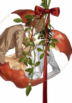 2boys apple apple_core bags_under_eyes black_eyes black_hair bow brown_eyes brown_hair brown_jacket collared_shirt dated death_note food fruit hair_between_eyes hand_in_another's_hair hashtag-only_commentary highres imminent_kiss jacket l_(death_note) looking_at_another male_focus mistletoe multiple_boys red_bow red_ribbon ribbon shirt short_hair snwi339617 suit_jacket twintails upper_body white_background white_shirt yagami_light yaoi