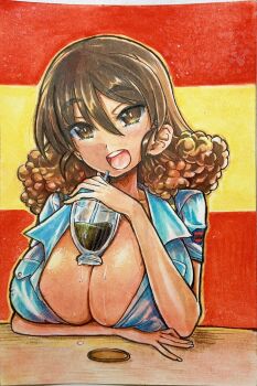1girl aoshidan_school_uniform arm_under_breasts blue_shirt breasts brown_eyes brown_hair cleavage collared_shirt commentary_request cup dark-skinned_female dark_skin drinking_glass girls_und_panzer highres holding holding_cup huge_breasts looking_at_viewer medium_hair nabeyu on_table open_mouth school_uniform shirt short_sleeves smile solo spanish_flag suspenders sweatdrop table teeth traditional_media upper_body upper_teeth_only viridiana_(girls_und_panzer)
