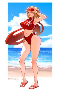 1girl absurdres beach bikini blonde_hair blue_eyes breasts curvy fantastic_four full_body genjiruu highleg highleg_bikini highres large_breasts long_hair marvel marvel_rivals red_bikini shiny_skin solo sue_storm swimsuit thighs water wide_hips