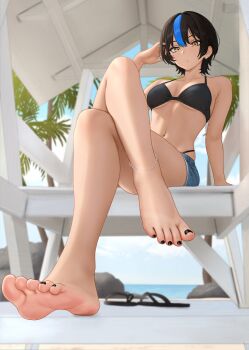 Rule 34 | 1girl, :/, anklet, bare legs, beach, bikini, black bikini, black hair, black nails, blue streaks, breasts, brown eyes, chair, commentary, commentary request, crossed legs, denim, denim shorts, english commentary, feet, flip-flops, foot focus, hair between eyes, highres, jewelry, legs, looking at viewer, loungewear, medium breasts, nail polish, navel, navel piercing, nihu, on chair, original, piercing, sandals, shiragi (nihu), short hair, short shorts, shorts, single hair streak, sitting, soles, solo, stomach, swimsuit, thighs, toenail polish, toenails, toes, unworn sandals