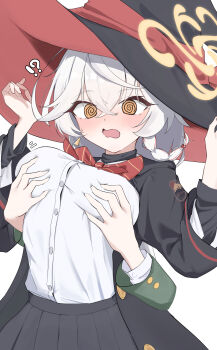 !? 2girls @_@ absurdres black_robe black_skirt blue_archive blush bow breasts buttons commentary_request earrings embarrassed eri_(blue_archive) groping halo hat highres jewelry large_breasts long_hair long_sleeves multiple_girls no_ra339 open_mouth orange_eyes orange_halo pleated_skirt red_bow red_hair robe shirt simple_background skirt solo_focus tilted_halo white_background white_hair white_shirt witch_hat