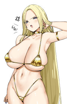 1girl anger_vein arm_strap bikini blue_eyes breasts choker commentary_request english_text forehead gold_bikini gold_choker highres joshi_kousei_rich_thots large_breasts long_hair looking_at_viewer navel open_mouth partially_visible_vulva rena_(joshi_kousei_rich_thots) sky-freedom solo stomach swimsuit very_long_hair
