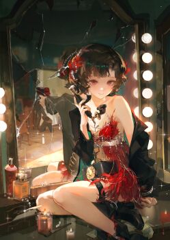 1girl absurdres antique_phone black_boots black_jacket boots bottle broken_mirror brown_hair candle chinese_commentary closed_mouth commentary_request corded_phone different_reflection feather_dress feather_hair_ornament feathers grumm gun hair_ornament high_heels highres holding holding_gun holding_phone holding_weapon indoors jacket jewelry looking_at_viewer makeup_brush marquee_lights mirror necklace pearl_necklace perfume_(cosmetics) perfume_bottle phone red_eyes red_feathers reflection reverse:1999 rotary_phone schneider_(reverse:1999) short_hair single_bare_shoulder sitting table thigh_strap vanity_table weapon yokozuwari