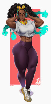 1girl abs alternate_muscle_size black_hair brown_lips closed_eyes clothes_lift commentary dark-skinned_female dark_skin english_commentary full_body hair_pulled_back high-waist_pants highres kimberly_jackson long_hair mootium multicolored_hair multicolored_headband muscular muscular_female pants purple_pants quad_braids shirt shirt_lift shoes smile solo street_fighter street_fighter_6 thick_thighs thighs white_shirt wide_hips wireless_earphones yoga_pants