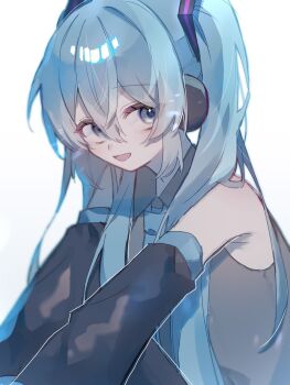 1girl absurdres aqua_eyes aqua_hair aqua_necktie aqua_trim bare_shoulders black_sleeves collared_shirt detached_sleeves double-parted_bangs grey_shirt hair_between_eyes hashtag-only_commentary hatsune_miku headphones highres hishoku_(porupopi) long_hair looking_at_viewer necktie open_mouth shirt sleeveless sleeveless_shirt smile twintails vocaloid white_background