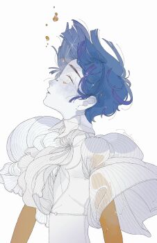 1other androgynous ascot blue_hair collared_shirt colored_skin crying crying_with_eyes_open floating_clothes floating_hair gold golden_arms high_collar highres houseki_no_kuni liquid minmim molten_metal moon_uniform_(houseki_no_kuni) other_focus parted_lips phosphophyllite phosphophyllite_(ll) see-through_clothes see-through_sleeves shirt short_hair simple_background solo tears upper_body white_ascot white_background white_shirt white_skin wide_sleeves wing_collar
