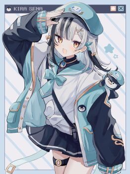 1girl absurdres aqua_hat aqua_jacket aqua_sailor_collar bag baseball_cap black_hair black_shirt black_skirt black_sleeves character_name commentary_request hand_up hat highres indie_virtual_youtuber jacket jewelry karunabaru kirasena_(vtuber) long_sleeves looking_at_viewer multicolored_hair multicolored_jacket necklace open_clothes open_jacket open_mouth sailor_collar shirt shoulder_bag skirt smile solo thigh_strap two-tone_hair virtual_youtuber white_hair white_shirt yellow_eyes