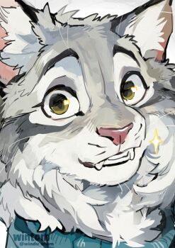 1boy absurdres animal_ears artist_name cat_boy cat_ears commentary english_commentary fangs furry furry_male green_sweater highres looking_at_viewer male_focus pawbert_lynxley smile sparkle sweater twitter_username upper_body whiskers white_background wintom zootopia