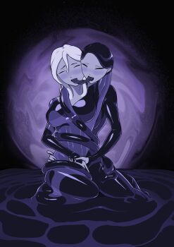 2girls batman_(series) batman_beyond black_hair blue_skin blush bodysuit breasts closed_eyes colored_skin conjoined cosplay dc_comics french_kiss highres holding_hands inque inque_(cosplay) kiss liquid_clothes liquid_hair mature_female medium_breasts medium_hair melanie_walker_(batman_beyond) melting merging_bodies monster_girl multiple_girls older_female_and_younger_female open_mouth p34hakuto slime_(substance) slime_girl slimification extendable_limbs tongue tongue_out transformation white_hair yuri