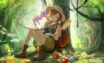 Rule 34 | 1boy, backpack, bag, binoculars, boots, brown bag, brown footwear, brown hair, budding expeditioner (pokemon), closed eyes, collared shirt, commentary request, day, forest, gen 1 pokemon, green shorts, hat, legendary pokemon, male focus, mew (pokemon), mythical pokemon, nature, nintendo, outdoors, poke ball, poke ball (basic), pokemon, pokemon (creature), pokemon tcg, pokemon tcg pocket, scroll, setta shu, shirt, short sleeves, shorts, sitting, sleeping, socks, tree, white socks