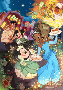 1girl 5girls 6+girls absurdres blonde_hair blue_eyes breasts brown_hair charlotte_la_bouff daisy_duck disney donald_duck dr._facilier dress earrings gamorangetana goofy highres jewelry long_sleeves mickey_mouse mickey_mouse_&amp;_friends minnie_mouse multiple_girls off-shoulder_dress off_shoulder pink_lips prince_naveen smile the_princess_and_the_frog_(disney) tiana_(the_princess_and_the_frog) tiara