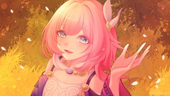 Rule 34 | 1girl, bare shoulders, blue eyes, breasts, coat, commentary, cyrene (aedes elysiae) (honkai: star rail), cyrene (honkai: star rail), dress, english commentary, falling petals, hair ornament, highres, honkai: star rail, honkai (series), illestfairys, jewelry, looking at viewer, multicolored hair, necklace, outdoors, petals, pink hair, pointy ears, purple coat, short hair, small breasts, smile, solo, two-tone hair, white dress, white hair