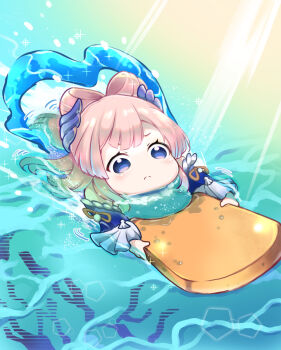 Rule 34 | 1girl, aged down, blunt bangs, buoy, commentary request, detached sleeves, genshin impact, hagoromo, hair ornament, hatoboshi, holding, kickboard, long hair, looking away, ocean, pink hair, purple eyes, sangonomiya kokomi, shawl, sidelocks, solo, sunlight, swimming, wide sleeves