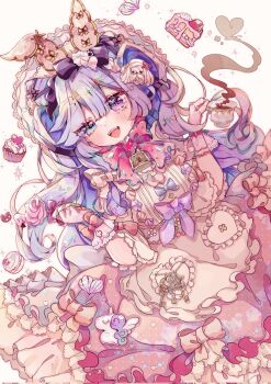 1girl apron bell blue_eyes blue_hair bow cake commission cup dress food hair_bow heterochromia highres himegamik holding long_hair looking_at_viewer open_mouth otogi_nemu purple_eyes purple_hair re:act sensitive smile solo teacup virtual_youtuber