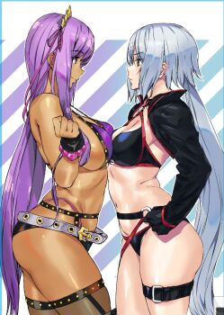 2girls ahoge ashiomi_masato bare_shoulders bb_(fate) bb_(swimsuit_mooncancer)_(second_ascension)_(fate) bead_bracelet beads belt bikini black_bikini black_gloves black_shorts black_shrug black_thighhighs blush bracelet breasts center_opening cleavage commentary_request dark-skinned_female dark_skin fate/grand_order fate_(series) fingerless_gloves garter_belt gloves grey_hair hair_ornament hair_ribbon hairband jeanne_d'arc_alter_(fate) jeanne_d'arc_alter_(swimsuit_berserker)_(fate) jewelry large_breasts long_hair long_sleeves micro_shorts multiple_girls navel o-ring o-ring_bikini purple_bikini purple_eyes purple_hair red_thighhighs ribbon shorts shrug_(clothing) single_thighhigh smile star_(symbol) star_hair_ornament swimsuit tan thigh_strap thighhighs thighs very_long_hair white_belt yellow_eyes
