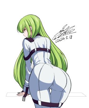 1girl ass belt bent_over black_belt bodysuit c.c. cameltoe code_geass cototiworld dated green_hair highres leg_belt long_hair looking_at_viewer simple_background straitjacket thick_thighs thighs white_background white_bodysuit yellow_eyes