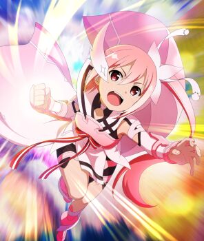 Rule 34 | 1girl, armor, black shorts, boots, breastplate, breasts, cape, clenched hand, dot nose, double-parted bangs, emphasis lines, game cg, hair ornament, high side ponytail, incoming attack, long hair, looking at viewer, magical girl, official art, open mouth, pink armor, pink boots, pink cape, pink hair, red eyes, shorts, small breasts, solo, teeth, third-party source, toji no miko, toji no miko: kizamishi issen no tomoshibi, upper teeth only, vambraces, very long hair, yuuki yuuna, yuuki yuuna wa yuusha de aru, yuusha de aru