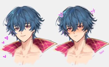 1boy anger_vein blue_hair brant_(wuthering_waves) closed_mouth collarbone commentary_request grey_background hair_between_eyes heart highres jhenny345 male_focus multiple_views pout purple_eyes simple_background smile spanish_commentary tearing_up wuthering_waves