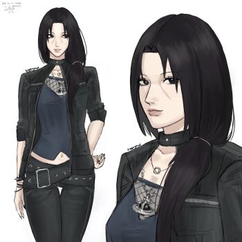 1girl belt black_belt black_eyes black_jacket black_pants bleeehrghw blue_shirt commentary genderswap genderswap_(mtf) hair_over_shoulder hair_tie hand_on_own_hip highres jacket jewelry long_hair naruto_(series) navel necklace pants shirt signature sleeves_rolled_up smile speech_bubble thigh_gap uchiha_itachi unzipped