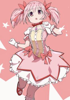 1girl :o absurdres arms_at_sides black_outline bubble_skirt buttons choker clenched_hands collarbone cross-laced_footwear dot_nose eyes_visible_through_hair facing_viewer feet_out_of_frame flat_chest frilled_skirt frilled_sleeves frilled_socks frills gloves hair_ribbon hands_up hanten_(hantennano) highres kaname_madoka kaname_madoka_(magical_girl) leg_up looking_afar mahou_shoujo_madoka_magica mahou_shoujo_madoka_magica_(anime) multicolored_eyes open_mouth outline pink_background pink_eyes pink_hair pink_ribbon pink_theme puffy_short_sleeves puffy_sleeves purple_eyes red_choker red_eyes red_footwear red_neckwear red_ribbon ribbon ribbon_choker running short_sleeves simple_background skirt socks solo soul_gem standing standing_on_one_leg star_(symbol) star_symbol_background twintails white_gloves white_skirt white_socks wide-eyed yellow_eyes