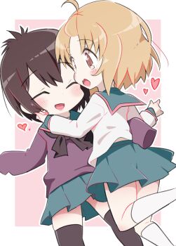 Rule 34 | 2girls, a channel, black hair, black thighhighs, blush, closed eyes, feet out of frame, female focus, hair between eyes, heart, ichii tooru, ksrg25, long sleeves, momoki run, multiple girls, open mouth, school uniform, serafuku, short hair, skirt, socks, standing, sweat, thighhighs, white socks